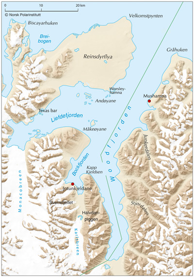 Kart over området Woodfjorden, Liefdefjorden, Bockfjorden