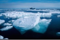 Barentshavet med isflak og et forskningsskip i bakgrunnen