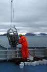 Making samples of sediments on board <em>Lance</em>, the research vessel. Photo by Ingrid Melvær